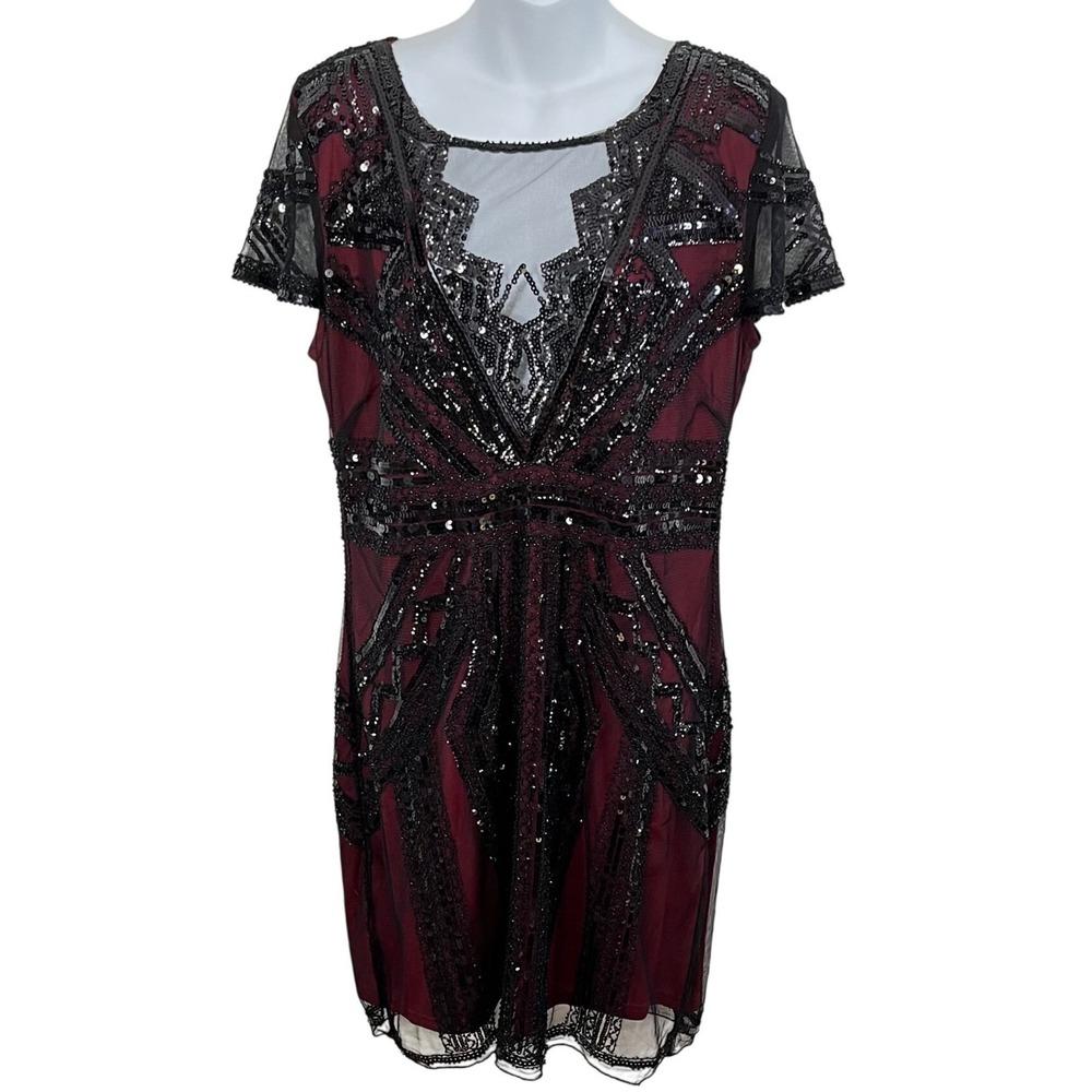 Gorgeous Black Beaded Sequin Overlay Illusion Neckline Evening‎ Dress Size Large